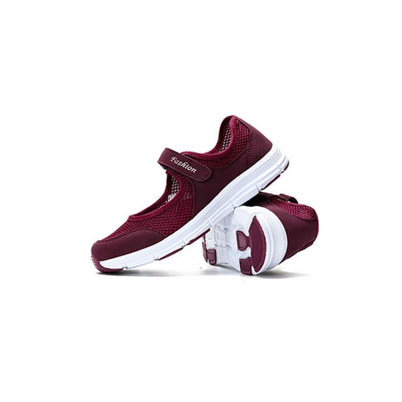 Ymiytan Women Walking Shoes Low Top Casual Shoe Magic Tape Flats Tennis Mary Jane Sneakers Breathable Round Toe Red 5
