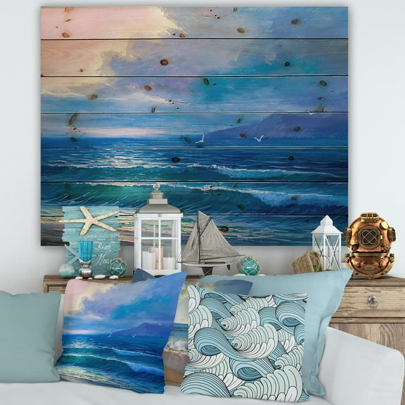Designart 'Sunrise Glow On The Sea Waves I' Nautical & Coastal Print on Natural Pine Wood