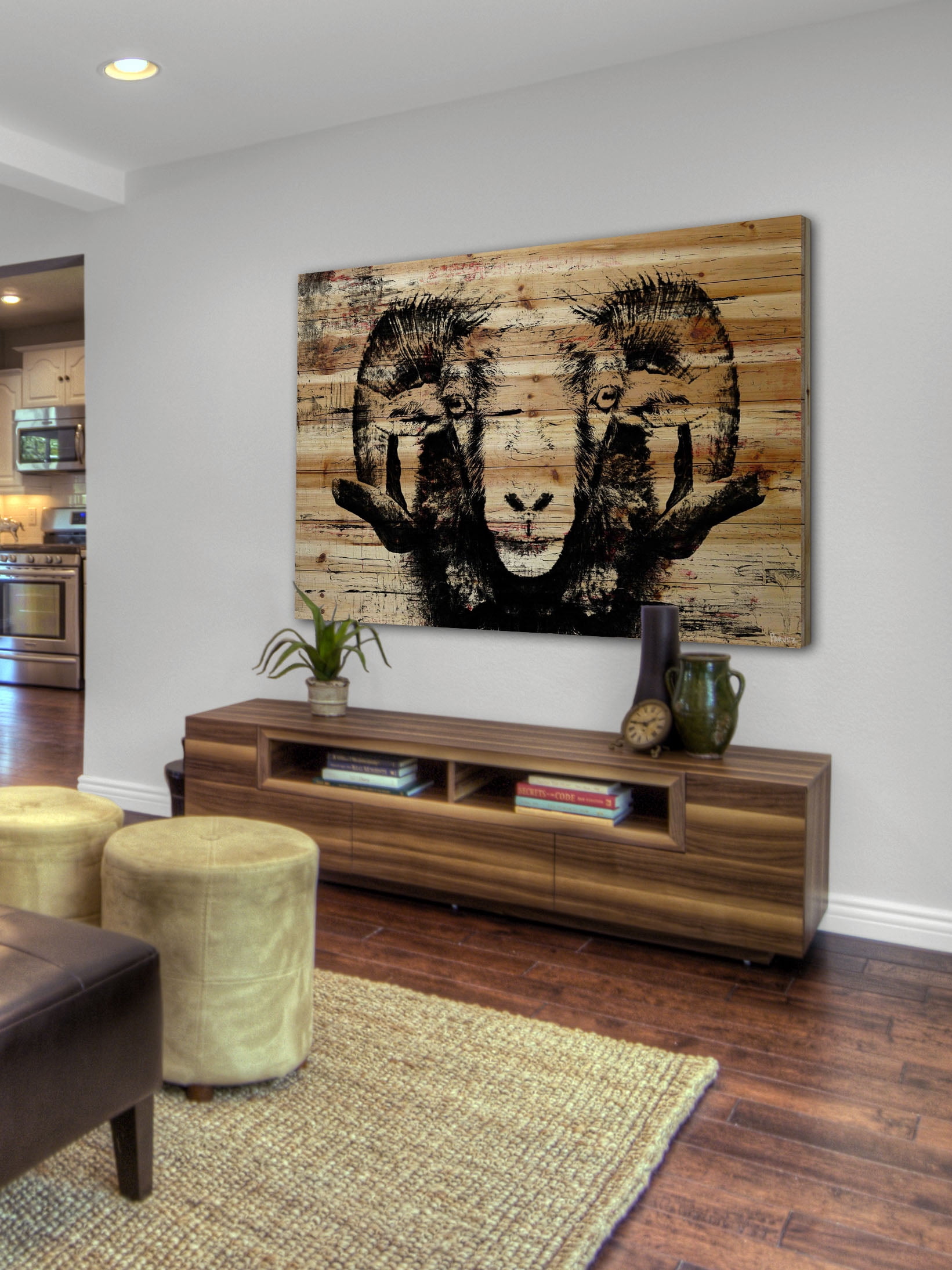 "Staring Ram Eyes" Painting Print on Natural Pine Wood