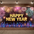 thumbnail image 5 of Fireworks Design Happy New Year Banner Golden Letters New Year Display City Skyline Festive Theme Festive Backdrop for New Year Party Indoor Decoration Photo Backdrop, 5 of 8