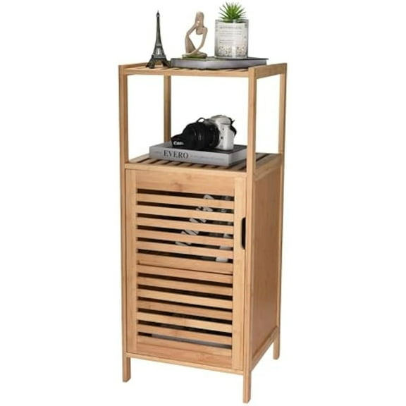 Bamboo Storage Cabinet – Freestanding Organizer with Doors and Multi-Tier & Purpose Shelf for Bathroom, Bedroom, Kitchen, Entryway | 34x14x13Inch