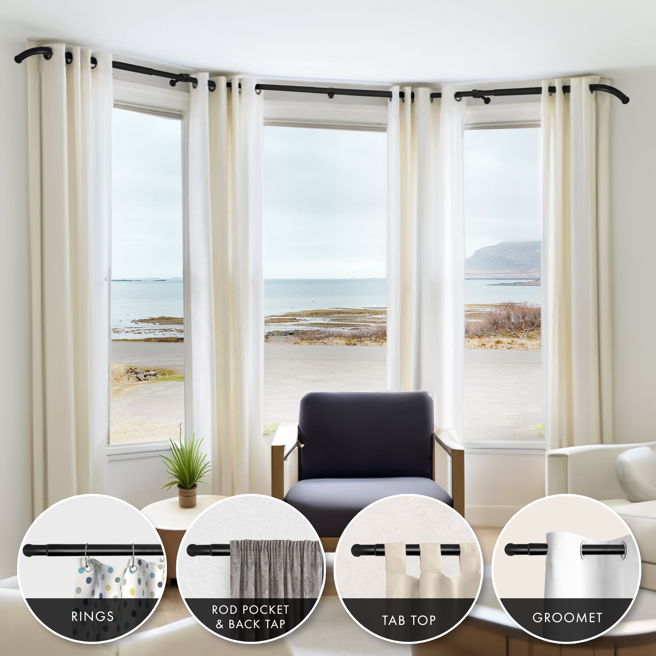 MERIVILLE 1" Bay Window Curtain Rod Set, Adjustable Side 20–37" and Center 38–72", Single Rod, Black