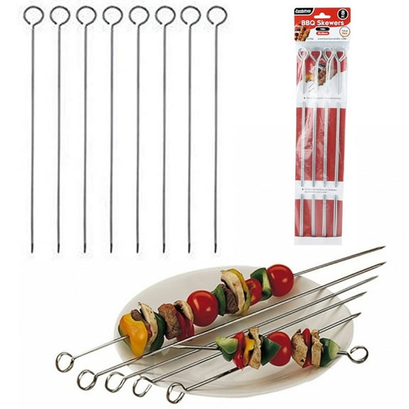 8 Pc Metal BBQ Skewers 14" Stainless Steel Cooking Barbecue Kebab Grill Sticks