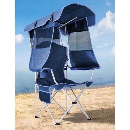 Condition photo showing Good Condition for camping chair with retractable canopy shade outdoor chair with canopy cup holder side pocket portable folding beach chair with sun canopy for lawn/tailgates/sports /beach-support 330 lbs