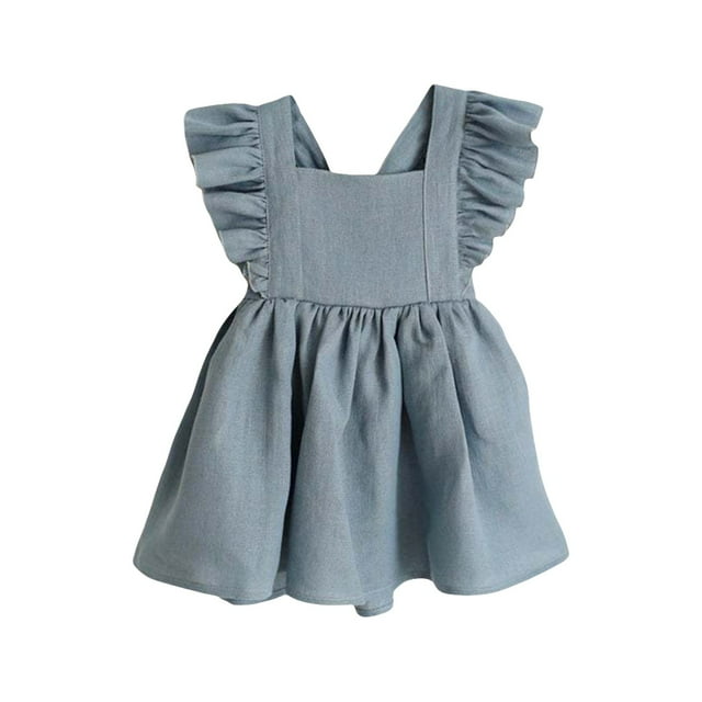 Coerni Robe en Coton et Lin à Manches Flottantes pour Filles Tout-Petits Col Carré Bébé Mignonne Dos Nu Robe Unie Été Ligne A Décontractée