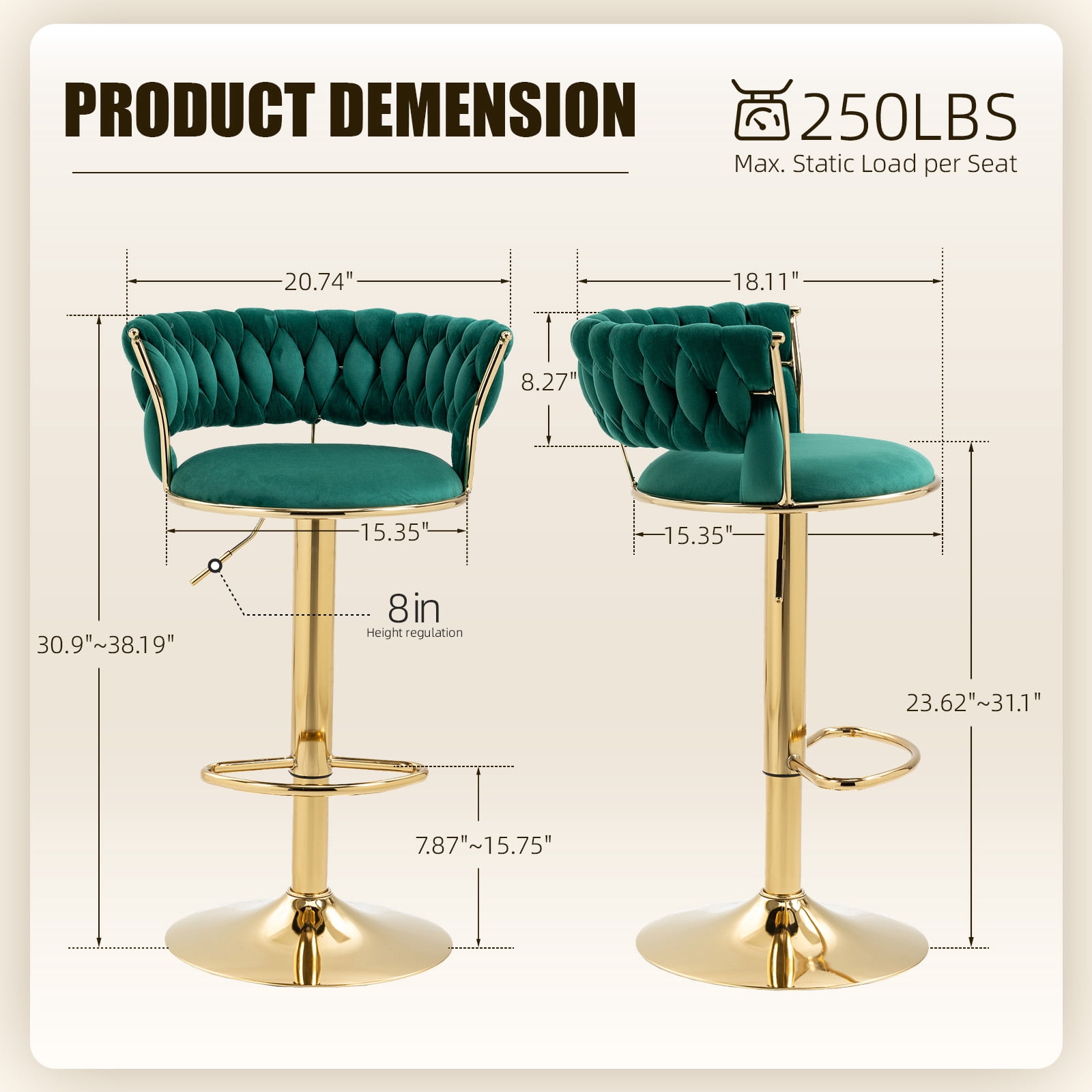 MOONMISS Bar Stools Set of 2, Adjustable Swivel Barstools, Velvet Counter Height Bar Chair with Back and Footrest for Kitchen Island Dining Room Café Pub,Green