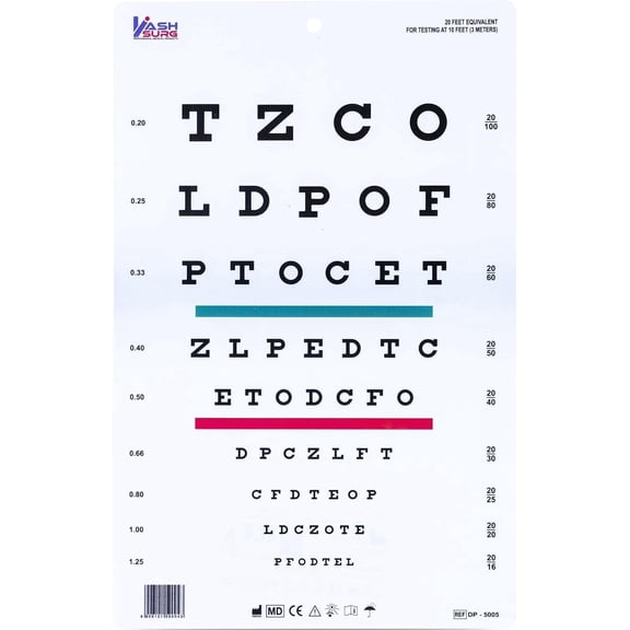 BASCH Snellen Chart with Red and Green Bar Visual Acuity Test 3m / 10 Feet