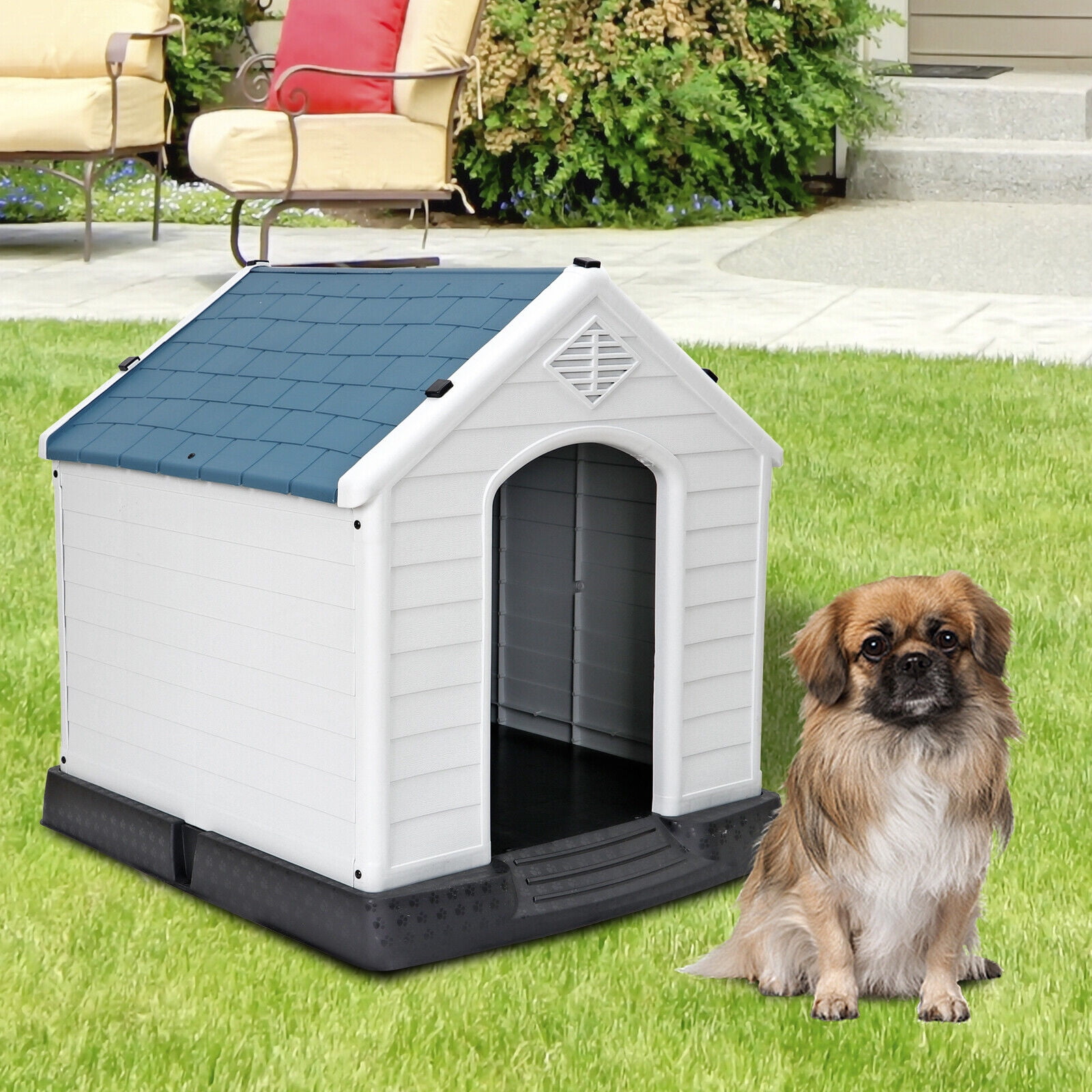 LINJH Dog House Indoor Outdoor Plastic Durable Dog House Insulated Puppy Shelter Blue