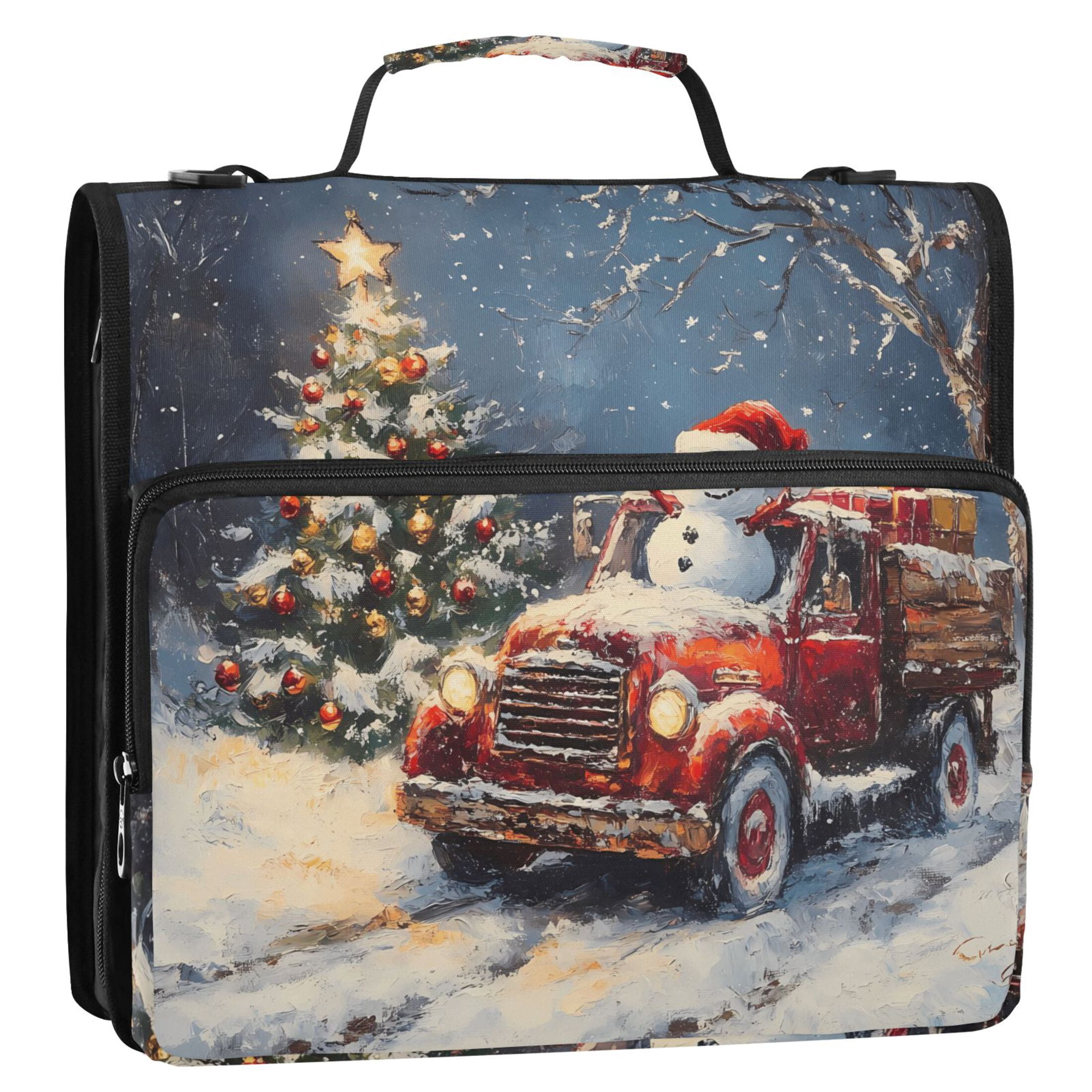 3 Ring Zipper Binder with Shoulder Strap Waterproof Trapper Keeper 2 Inch D-Ring 500 Sheets Capacity Christmas Tree and Snowman on Truck