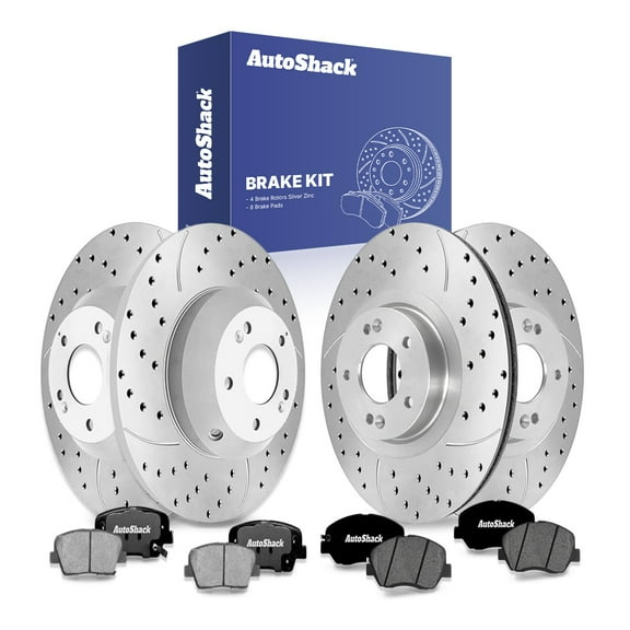AutoShack Front Vented & Rear Solid Drilled & Slotted Silver Zinc Coated Brake Rotors   Ceramic Pads 12-PC Brake Kit Replacement for 2013-2016 Hyundai Santa Fe SilverShield Pro