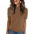 thumbnail image 3 of Sweaters for Women Trendy Summer Short Sleeve Tops Crew Neck Lightweight Pullover Sweaters Loose Dressy Casual Blouse Basic Clothes Khaki L, 3 of 4