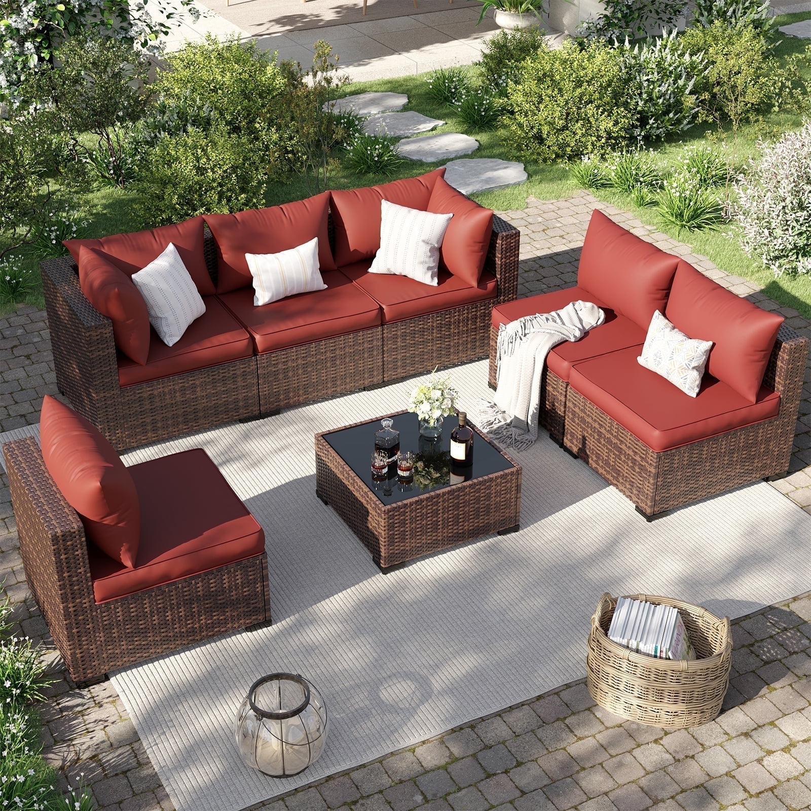 ELPOSUN 7 Pieces Patio Furniture Set All Weather Outdoor Sectional Sofa, Outdoor Modern Sectional Furniture Wicker Couch with Glass Coffee Table, Thicken Red Cushions, Water Resistant
