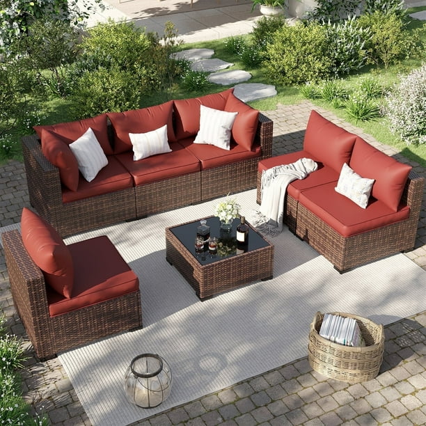 ELPOSUN 7 Pieces Patio Furniture Set All Weather Outdoor Sectional Sofa, Outdoor Modern Sectional Furniture Wicker Couch with Glass Coffee Table, Thicken Red Cushions, Water... ELPOSUN 7 Pieces Patio Furniture Set All Weather Outdoor Sectional Sofa, Outdoor Modern Sectional Furniture Wicker Couch with Glass Coffee Table, Thicken Red Cushions, Water... - Image 5