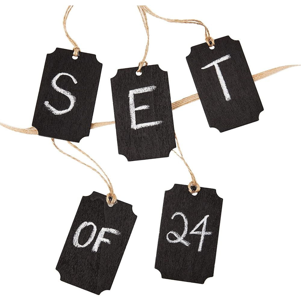 24 Pieces Mini Wooden Chalkboard Signs Tag Labels with Jute Twine for Craft Classroom Decorations, 3' x 2'