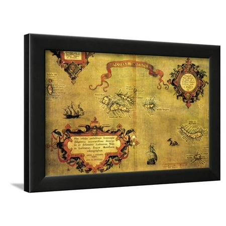 Abraham Ortelius Map - Map of Azores by Abraham Ortelius, 1528-1598, from Theatrum Orbis Terrarum, 1570 Framed Print Wall Art