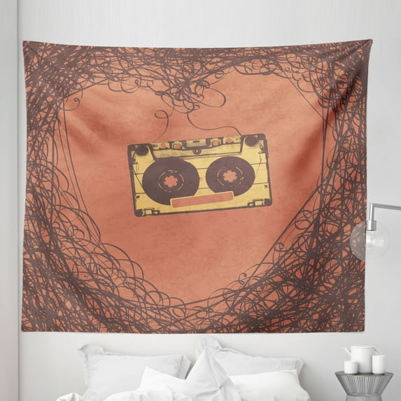 Vintage Tapestry, Love Old-Fashioned Elements Cassette Tape Analogue Vintage Nostalgic Stereo Print, Fabric Wall Hanging Decor for Bedroom Living Room Dorm, 5 Sizes, Orange Brown, by Ambesonne