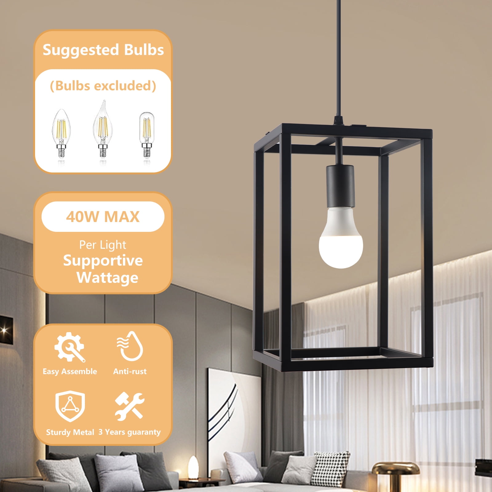 Miniyam Pendant Lights Hanging Light Fixture Modern Kitchen Light with Black Finish, 51 Inch Pipe for Flat and Slop Ceiling, Kitchen Island, Bedroom, Dining Hall, E26 Base, No Bulbs Included