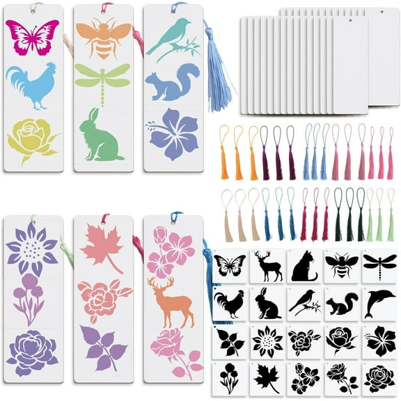 30 Sets Bookmark Making Kit Includes White Paper Bookmarks Colorful Tassels Flower and Animal Templates for DIY Crafts(1.97 * 5.51 in)