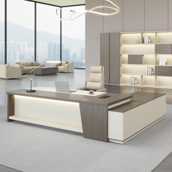 Luxury Modern Alternative L-Shaped Ergonomic Executive Desk With Integrated Storage & Power Management (Smoked Oak & Cream White, Left Return)