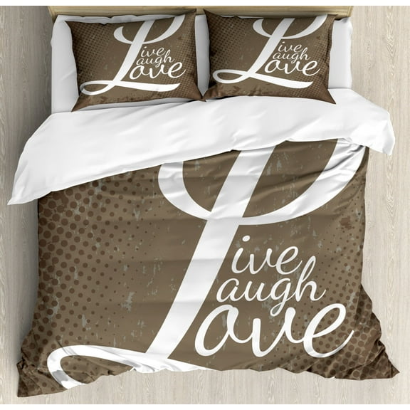 Live Laugh Love Duvet Cover Set Queen Size, Words Live Laugh Love on Halftone Worn out Style Background, Decorative 3 Piece Bedding Set with 2 Pillow Shams, Brown White Pale Brown, by Ambesonne