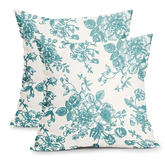 AUQ Teal and Cream Floral Pillow Covers 18x18" Set of 2 Vintage Floral Throw Pillow Covers Chinoiserie Flower Pillowcases Rustic Farmhouse Cotton Linen Square Cushion Covers for Couch Bed Sofa Decor