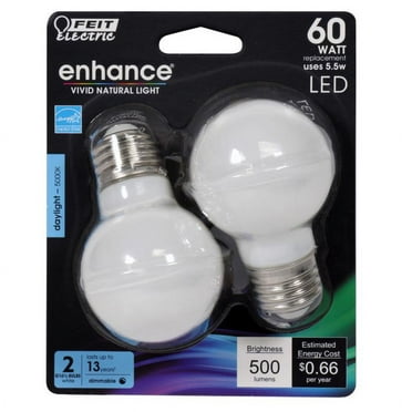 1 Pc, Feit Enhance G16.5 E26 (Medium) Filament Led Bulb Daylight 60 Watt Equivalence 2 Pk