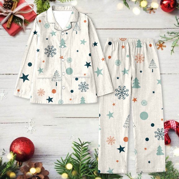 FASHOFT Women's Merry Christmas Pajamas Set Cute Xmas Graphic Long Sleeve Button Down 2 Piece Pjs Set Ruffle Notch Collar Sleepwear L