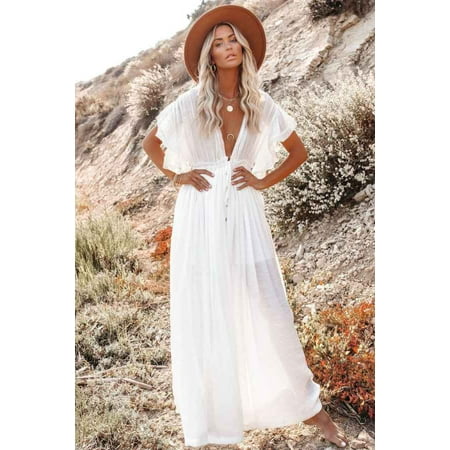 Summer Bohemian V-Neck Button Detail Bikini Cover-Up Maxi Dress (FreeSize  PuredPumpkinRed)