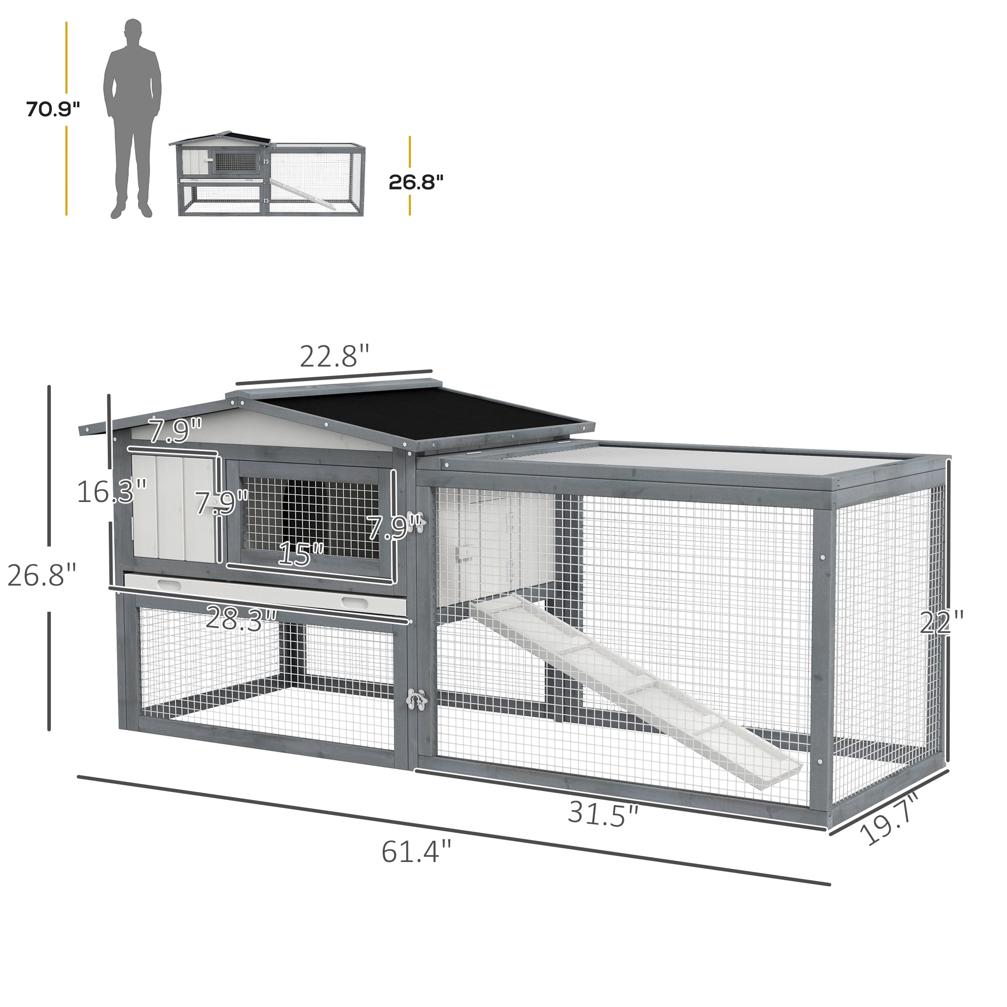 CoSoTower Large Rabbit Hutch Outdoor, 2-Tier 61" L Rabbit Cage with Run Feeding Trough Wooden Guinea Pig Hutch with Removable Tray, Ramp, Asphalt Roof, for 1-2 Rabbits, White