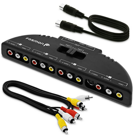 Fosmon Technology 4-Way Audio / Video RCA Switch Selector / Splitter Box & AV Patch Cable for Connecting 4 RCA Output Devices to Your