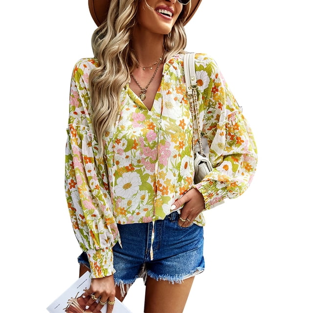 Blusa Mujer, Cómoda Camisa Transpirable Suave Manga Larga Estampado Floral Para Citas Para Fiesta