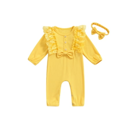 

aturustex 0-18 Months 2Pcs Baby Girl Solid Color Jumpsuit Long Sleeves Round Neck Lace-Decorated with Bow Headband Fall