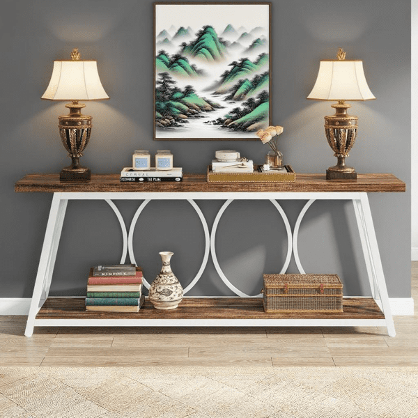 70.9" Vintage Rustic Console Table - Wood & Black Metal, 1.57" Particle Board with Bottom Shelf, 230lb Capacity for Living Room, Entryway, Behind Couch, Hallway