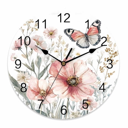 Wall Clock 10 Inch Pink Wildflower Butterfly Round Silent Decorative Wall Clocks Battery Operated for Living Room Bedroom Kitchen Classroom Decor, Rustic Watercolor Flowers,Small