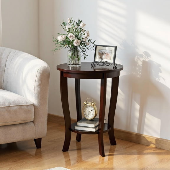 Yardi Yard 2-tier Round End Table with Solid Wood Legs-Espresso, Side Table, Chairside Table Narrow End Table for Bedroom Living Room Kitchen