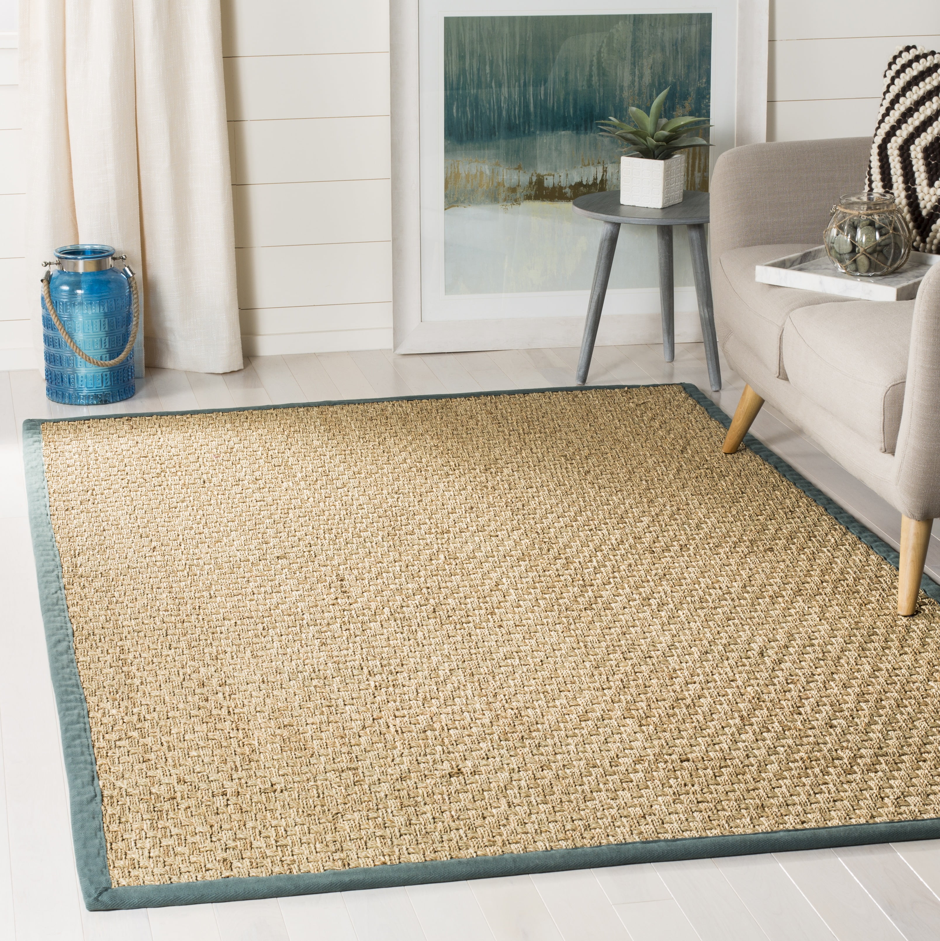 SAFAVIEH Natural Fiber Arbor Bordered Area Rug, Natural/Dusty Teal Blue, 6' x 9' - Coastal Design, Natural & Dusty Teal Blue, Seagrass, Ideal for Entryway, Kitchen, Living Room, Office