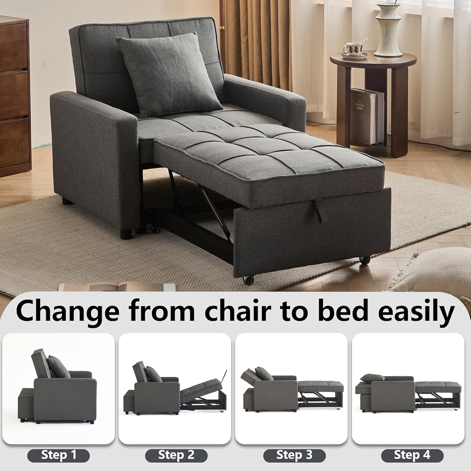 Gewnee 3-in-1 Convertible Chair Bed, Fabric Single Sleeper Sofa Bed with Adjustable Backrest, Perfect for Dorms, Offices and Small Apartments, Dark Gray