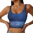 thumbnail image 3 of Goofa Retro Blue Glitter Printed Sports Bras for Women, High Impact Running Bra Workout Crop Tank Tops Longline Sports Bra Push up-Medium, 3 of 9
