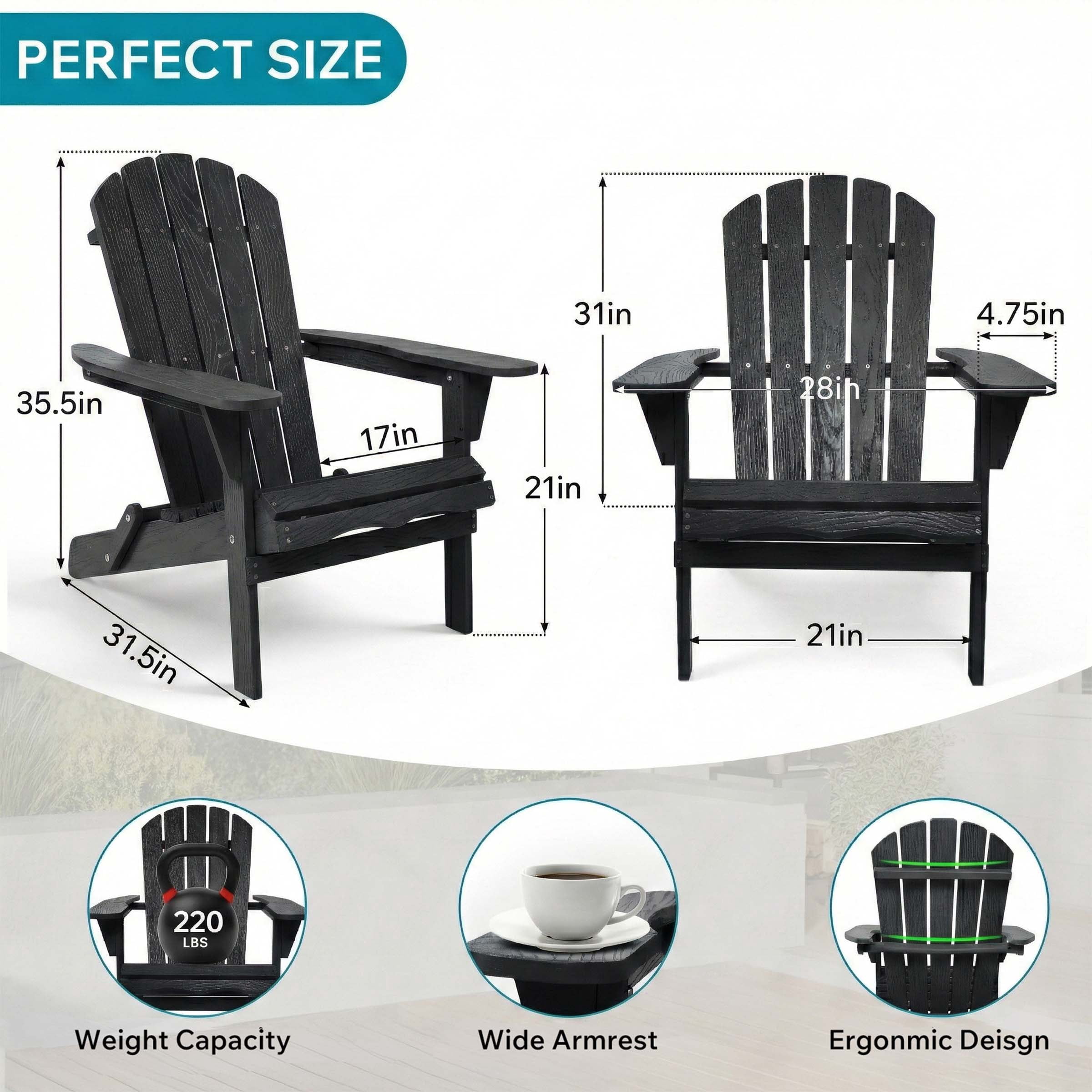 Embossed Cedar Wood Folding Adirondack Chair Set of 2, Outdoor Wooden Lounge Patio Chair with Smooth Finish, Foldable Garden Chair for Lawn Backyard, Black