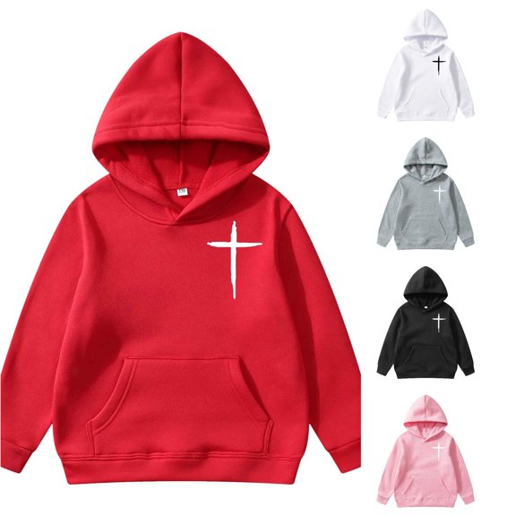 REDARER Long Sleeve Hooded Sweatshirt with Cross Graphic Print Front Pocket Casual Daily Outfit for Kids,4-5 Years