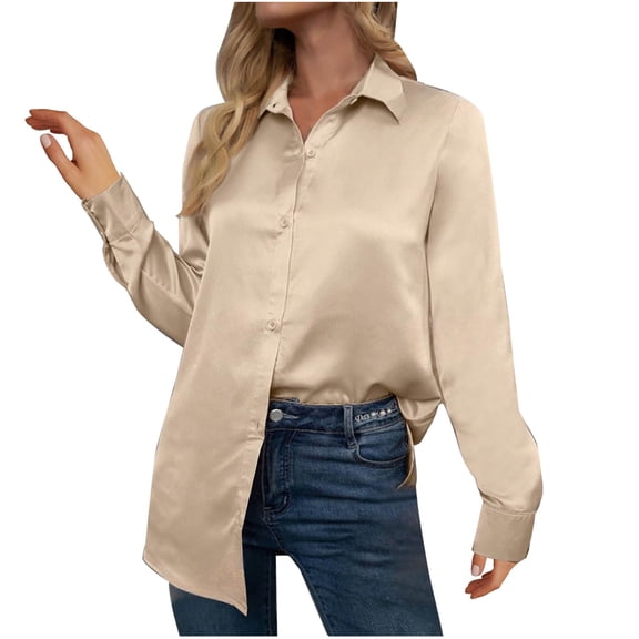 Oplxuo Satin Button Down Shirts for Women Dressy Casual Lapel Button Down Long Sleeve Loose Business Office Tunic Tops