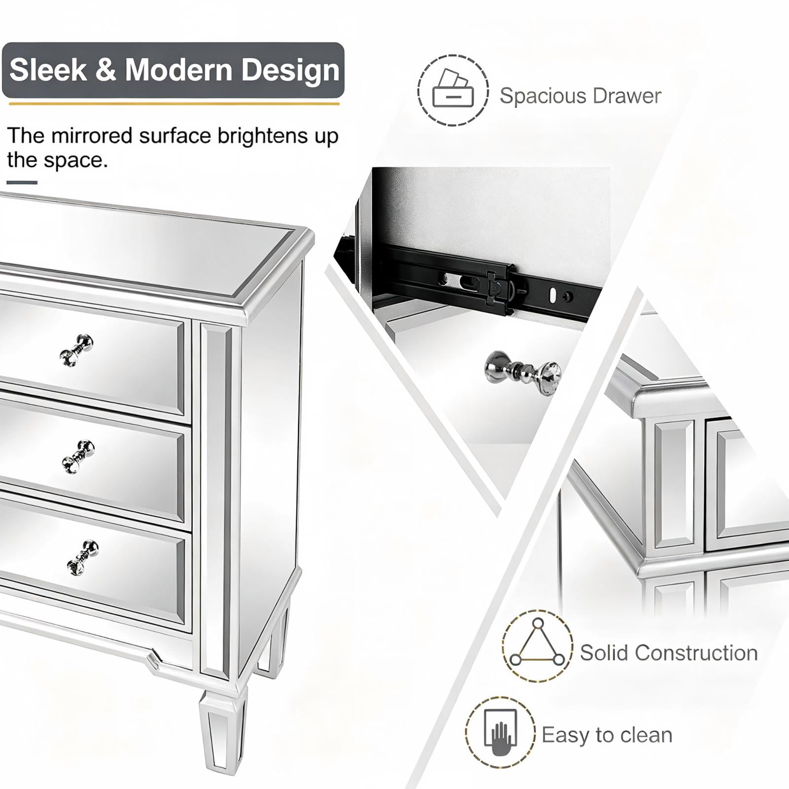6-Drawer Mirrored Drawer Cabinet, MDF Storage Dresser with Mirror-Finish Drawer Fronts, Narrow Accent Chest for Bedroom, Dressing Room, Hallway or Vanity Area