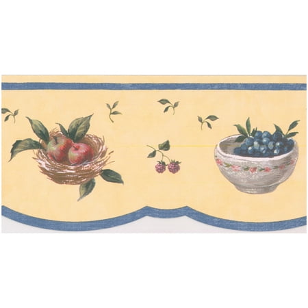 Butter Bordier Wall Border - Fruit Berry in Basket on Butter Yellow Scalloped Wallpaper Border Retro Design, Prepasted Roll 15 ft. x 4.5 in. ()
