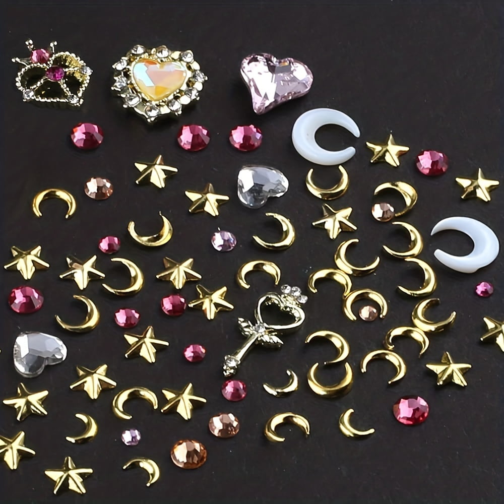 Diyang 3D Nail Charms for Acrylic Nails Crystal Heart Nail Rhinestones Star Moon Alloy Colorful Nail Gems Nail Art Decorations, Pink