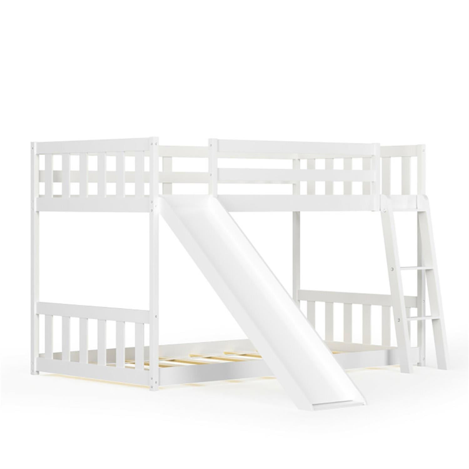 Demi Bonn Twin Over Twin Bunk Bed with High Guardrails and Slide Ladder, Twin Bunk Solid Wood Low Beds, Bed Frame, White