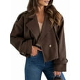 thumbnail image 2 of Women Crop Double Breasted Pea Coat Work Office Cropped Jacket with Pockets Dark Brown S, 2 of 8