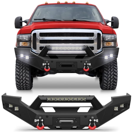 POFENZE 05-07 Ford Front Bumper w/Winch Plate, 144W Light Bar, 4x18w Lights, License Plate Bracket for 2005-2007 Ford F250/F350/F450 Pickup Trucks
