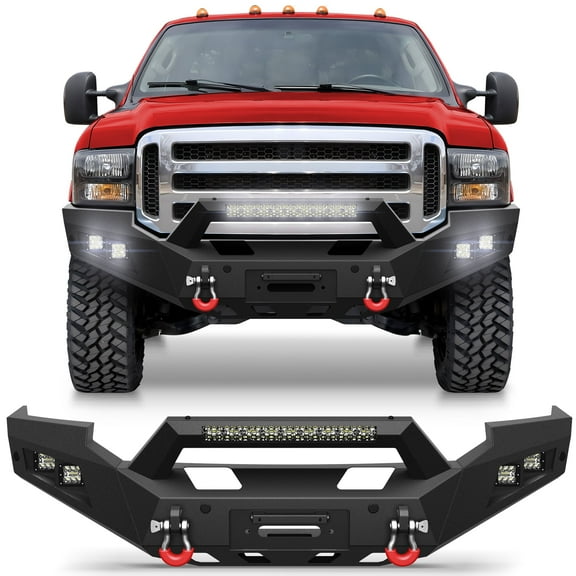 POFENZE 05-07 Ford Front Bumper w/Winch Plate, 144W Light Bar, 4x18w Lights, License Plate Bracket for 2005-2007 Ford F250/F350/F450 Pickup Trucks