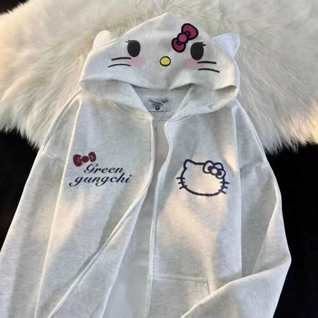 Sanrio-cárdigan con capucha de Hello Kitty para mujer, suéter holgado de gran tamaño, sudadera con estilo japonés, sudadera Kawaii Lolita, Yk2