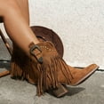 thumbnail image 5 of Women's Long Fringe Wide Calf Cowgirl Boots Boho Casual Suede Chunky Block High Heel Mid Calf Cowboy Dress Short Booties Brown Size 9.5, 5 of 8